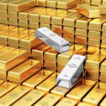 A large stack of shiny gold bars with two silver bars perched on top presents a striking contrast, inviting the question: Gold vs. Silver - Which Metal Is the Better choice? With gold's uniform gleam and silver's distinct shine, each metal tells its own story. | COYYN