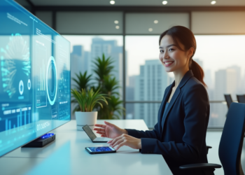 In a sleek office with expansive cityscape views, a woman efficiently navigates a Coyyn.com business digital interface filled with graphs and data. Balancing her smartphone and laptop amid lush plants, she expertly blends technology and nature in her professional setting. | COYYN