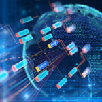 A digital illustration of a globe with glowing nodes, lines connecting them, and labels such as "NODE01" and "BLOCK14." The background features abstract blue circuits, suggesting a theme of blockchain technology or global digital networks. | COYYN