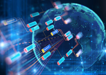 A digital illustration of a globe with glowing nodes, lines connecting them, and labels such as "NODE01" and "BLOCK14." The background features abstract blue circuits, suggesting a theme of blockchain technology or global digital networks. | COYYN