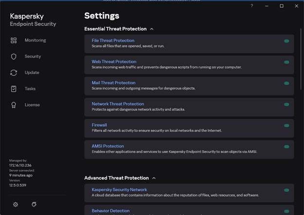 Screenshot of Kaspersky Endpoint Security settings menu showing options for Essential and Advanced Threat Protection. Features listed include File, Web, Mail, and Network Threat Protection, Firewall, and Application Control. Toggle switches are visible next to each option. | COYYN