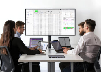 Four people are seated at a table in an office, each with a laptop. They are discussing and viewing data on a large screen displaying spreadsheets, diving into "The Rise of Intelligent Automation in the Back Office." The group seems engaged in a collaborative work session. | COYYN