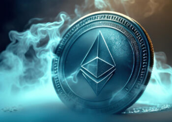 A shiny coin with the Ethereum logo stands upright amidst swirling blue smoke. The coin's intricate design is highlighted by soft lighting, creating a mysterious and futuristic atmosphere. | COYYN