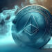 A shiny coin with the Ethereum logo stands upright amidst swirling blue smoke. The coin's intricate design is highlighted by soft lighting, creating a mysterious and futuristic atmosphere. | COYYN