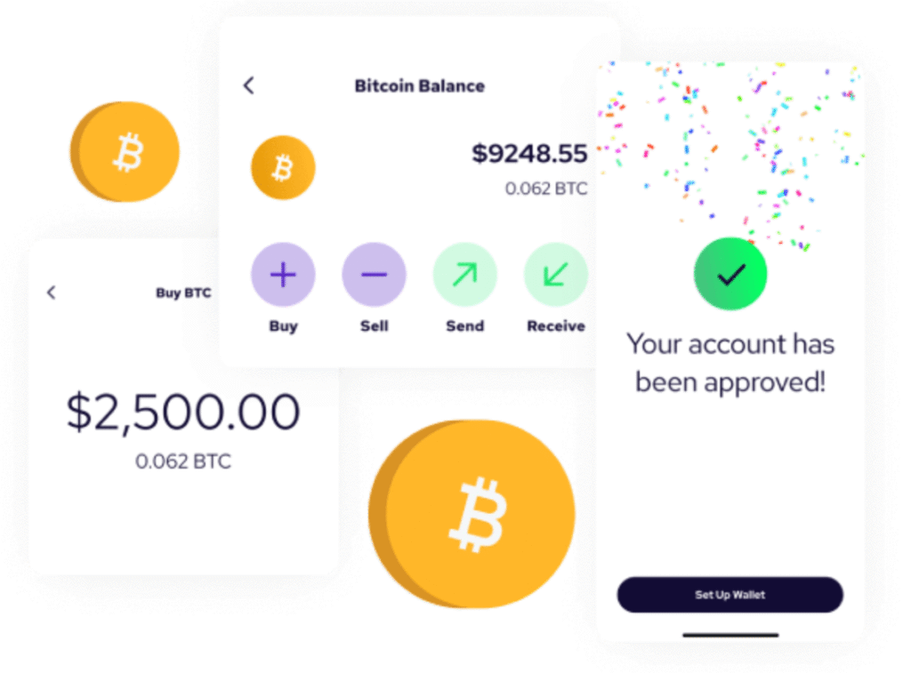 Three mobile screens display a Bitcoin wallet: balance of $9248.55, buy/sell/send/receive options, a $2500 BTC transaction, and a confirmation—highlighting Coinme's role in transforming B2B payment systems with seamless digital transactions. | COYYN