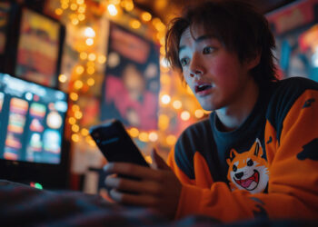 A person with a surprised expression holds a smartphone, perhaps reading news about how Blockchain Gaming is Perfect for Japan, while sitting in a room decorated with warm string lights and colorful posters. A computer screen glows in the background. | COYYN