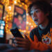 A person with a surprised expression holds a smartphone, perhaps reading news about how Blockchain Gaming is Perfect for Japan, while sitting in a room decorated with warm string lights and colorful posters. A computer screen glows in the background. | COYYN