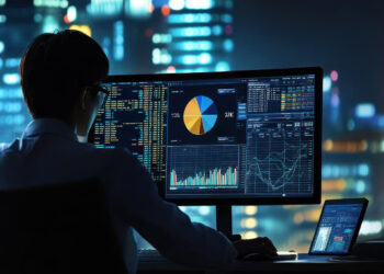 A person sits at a desk in front of multiple screens displaying charts, graphs, and data tracking for crypto enthusiasts, with a city skyline and bright lights visible through the window at night. | COYYN
