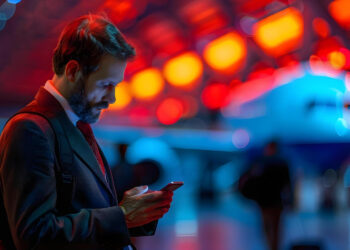 A man in a suit with a red backpack looks at his phone in an airport terminal. The background is brightly lit with orange and red lights and a large airplane is visible behind him. | COYYN