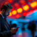 A man in a suit with a red backpack looks at his phone in an airport terminal. The background is brightly lit with orange and red lights and a large airplane is visible behind him. | COYYN