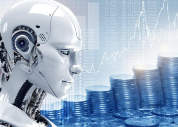 A humanoid robot looks at stacks of coins against a background of digital financial data and graphs, symbolizing the impact of AI Propensity Modeling Software in finance and technology. | COYYN