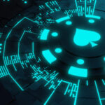 A glowing blue poker chip with a spade symbol at its center is surrounded by digital, circuit-like patterns, reflecting the futuristic and high-tech evolution of the gambling industry. | COYYN