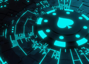 A glowing blue poker chip with a spade symbol at its center is surrounded by digital, circuit-like patterns, reflecting the futuristic and high-tech evolution of the gambling industry. | COYYN