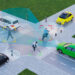A digitally rendered intersection with cars, a cyclist, and a pedestrian, showing sensor and detection technology highlighting their positions for autonomous vehicle navigation aimed at reducing accidents. | COYYN