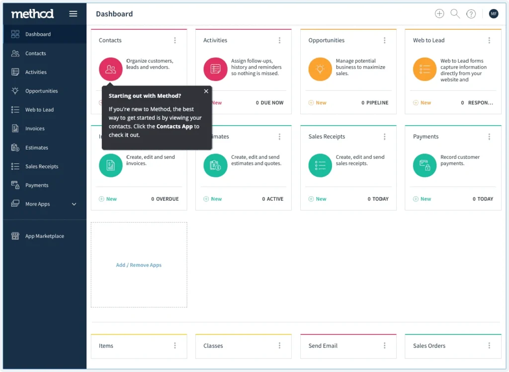 Screenshot of an Integrated Business Operations dashboard featuring a left sidebar menu and tiles for Contacts, Activities, Opportunities, Invoices, Sales Receipts, Payments, and more. A pop-up guides new users to the Contacts App. | COYYN
