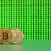 Two physical Bitcoin coins stand upright on a green surface with a bright green digital matrix background, symbolizing cryptocurrency and digital finance. | COYYN