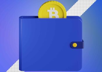 A blue Crypto Wallet with a yellow Bitcoin coin partly inside, set against a purple and blue gradient background featuring a diagonal transparent stripe. | COYYN