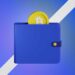 A blue Crypto Wallet with a yellow Bitcoin coin partly inside, set against a purple and blue gradient background featuring a diagonal transparent stripe. | COYYN
