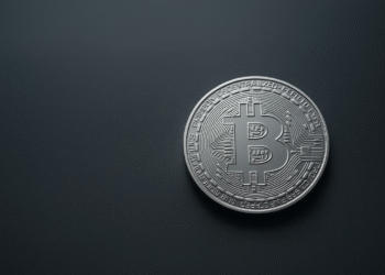 A silver Bitcoin coin with the Bitcoin symbol stands out against a dark, smooth background, positioned slightly to the right—highlighting innovative uses of cryptocurrency for high-value transactions. | COYYN