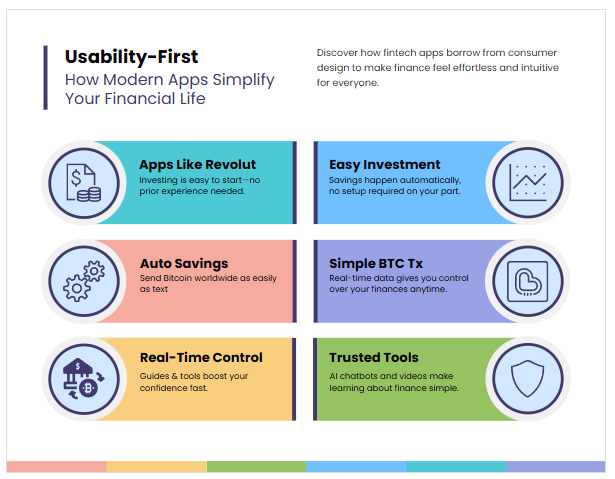Infographic titled “Usability-First: How Modern Fintech Apps Simplify Your Financial Life” lists six benefits with icons: easy investment, savings, auto savings, BTC transactions, real-time control, and trusted tools. | COYYN
