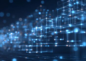 A digital illustration of glowing blue cubes and lines interconnected in a grid, representing blockchain technology security, digital data, or futuristic technology on a dark background. | COYYN