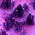 Abstract digital artwork with purple and pink tones, featuring a grid of 3D rectangular blocks and pillars of varying heights arranged in clusters, creating a futuristic cityscape or data visualization effect. | COYYN