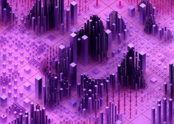 Abstract digital artwork with purple and pink tones, featuring a grid of 3D rectangular blocks and pillars of varying heights arranged in clusters, creating a futuristic cityscape or data visualization effect. | COYYN