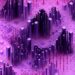 Abstract digital artwork with purple and pink tones, featuring a grid of 3D rectangular blocks and pillars of varying heights arranged in clusters, creating a futuristic cityscape or data visualization effect. | COYYN
