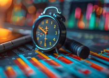 A classic black alarm clock and a pen rest on a colorful financial chart, with blurred graphs and data in the background, symbolizing time and finance analytics. | COYYN
