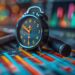 A classic black alarm clock and a pen rest on a colorful financial chart, with blurred graphs and data in the background, symbolizing time and finance analytics. | COYYN