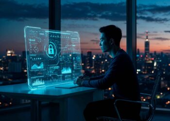 A man works at a desk with a large holographic cybersecurity interface, set against a cityscape at dusk.