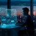 A man works at a desk with a large holographic cybersecurity interface, set against a cityscape at dusk.