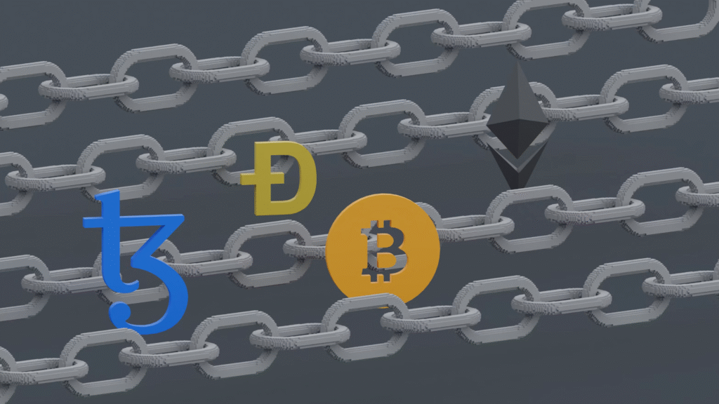 Illustration of metal chains with crypto logos, including Tezos, Dogecoin, Bitcoin, and Ethereum, arranged over the chains to represent blockchain technology. | COYYN