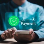 A person wearing a blue shirt uses a smartphone, with a digital overlay showing a checkmark, dollar sign, arrow, user icon, and the word "Payment" indicating a secure online transaction. | COYYN