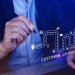 A person in a suit holds a pen, pointing at a digital illustration of a winding path labeled "Customer Journey" with icons for calendar, location, airplane, shopping cart, and communication along the route. | COYYN