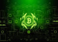 A glowing green Bitcoin symbol surrounded by digital circuit patterns, geometric shapes, and technology icons, representing cryptocurrency and blockchain technology on a dark background. | COYYN