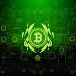 A glowing green Bitcoin symbol surrounded by digital circuit patterns, geometric shapes, and technology icons, representing cryptocurrency and blockchain technology on a dark background. | COYYN