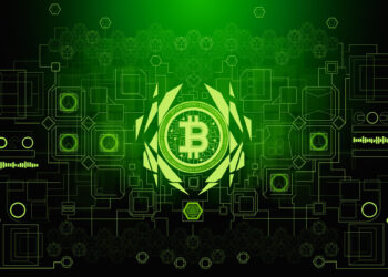 A glowing green Bitcoin symbol surrounded by digital circuit patterns, geometric shapes, and technology icons, representing cryptocurrency and blockchain technology on a dark background. | COYYN
