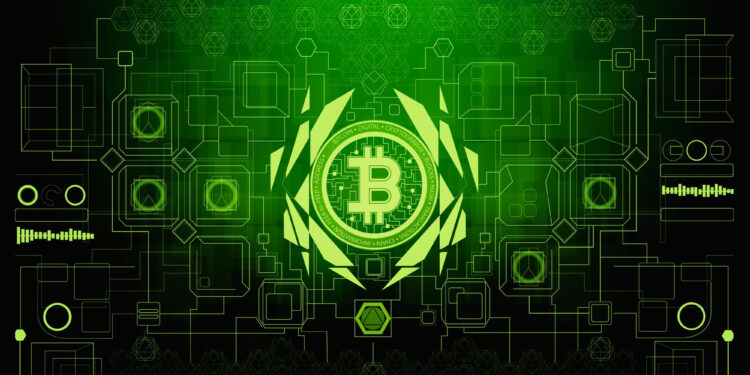 A glowing green Bitcoin symbol surrounded by digital circuit patterns, geometric shapes, and technology icons, representing cryptocurrency and blockchain technology on a dark background. | COYYN