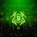 A glowing green Bitcoin symbol surrounded by digital circuit patterns, geometric shapes, and technology icons, representing cryptocurrency and blockchain technology on a dark background. | COYYN