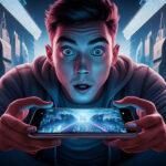 A young man with an astonished expression holds a smartphone displaying a futuristic cityscape, surrounded by glowing neon skyscrapers in a sci-fi, digital-themed environment. | COYYN