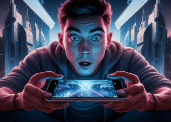 A young man with an astonished expression holds a smartphone displaying a futuristic cityscape, surrounded by glowing neon skyscrapers in a sci-fi, digital-themed environment. | COYYN