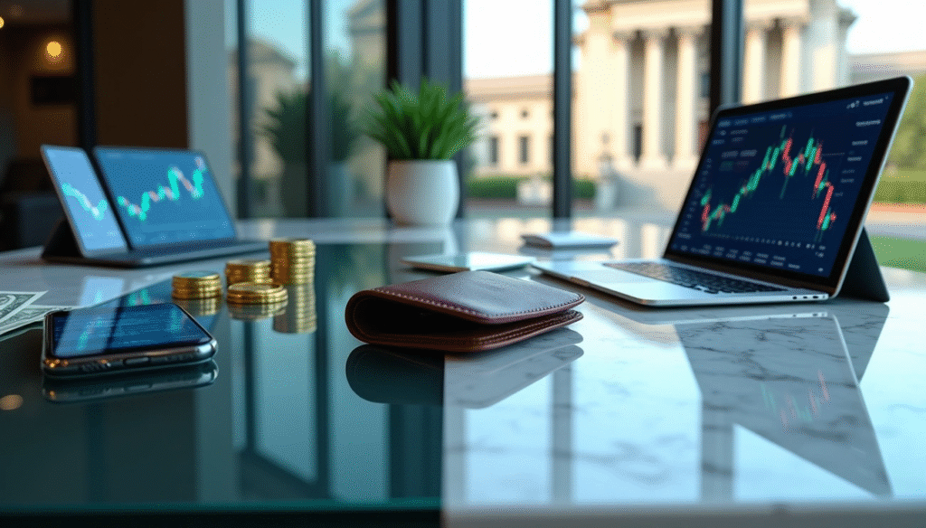 A modern office desk with laptops showing stock charts, a smartphone, a wallet, stacked gold coins, and dollar bills, with large windows and a building visible outside. | COYYN
