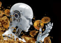 A humanoid robot looks at its hand as gold bitcoins and gold fragments float around against a black background, symbolizing artificial intelligence and cryptocurrency. | COYYN
