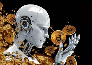 A humanoid robot looks at its hand as gold bitcoins and gold fragments float around against a black background, symbolizing artificial intelligence and cryptocurrency. | COYYN
