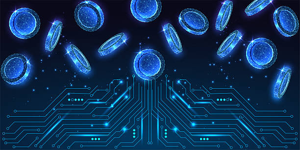 Digital coins made of blue glowing lines fall above a stylized electronic circuit board, symbolizing cryptocurrency and digital finance in the APAC region on a dark background. | COYYN