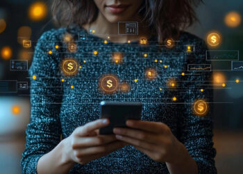 A woman holding a smartphone with glowing digital icons and dollar signs surrounding her, representing online banking, financial transactions, and digital currency. The background is blurred and dark. | COYYN