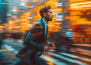 A man in a suit runs across a city street at night, surrounded by blurred lights and motion, creating a sense of urgency and fast-paced urban life. | COYYN