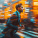 A man in a suit runs across a city street at night, surrounded by blurred lights and motion, creating a sense of urgency and fast-paced urban life. | COYYN