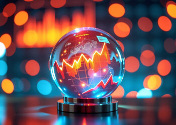 A glass sphere displays glowing financial graphs and charts, with red and yellow trend lines, against a blurred background of blue and orange lights, suggesting financial forecasting or data analysis. | COYYN